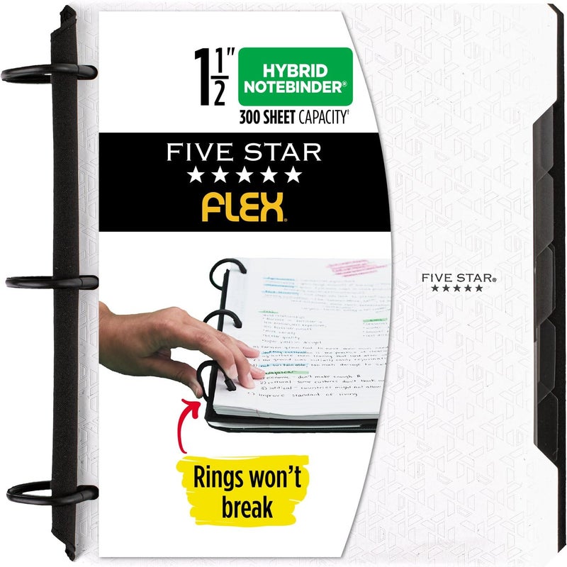 Five Star Flex Refillable Notebook + Study App, College Ruled Paper and 1-1/2 Inch TechLock Ring Binder with Pockets, Tabs and Dividers, 300 Sheet Capacity, White (29324AE2) - Image 1